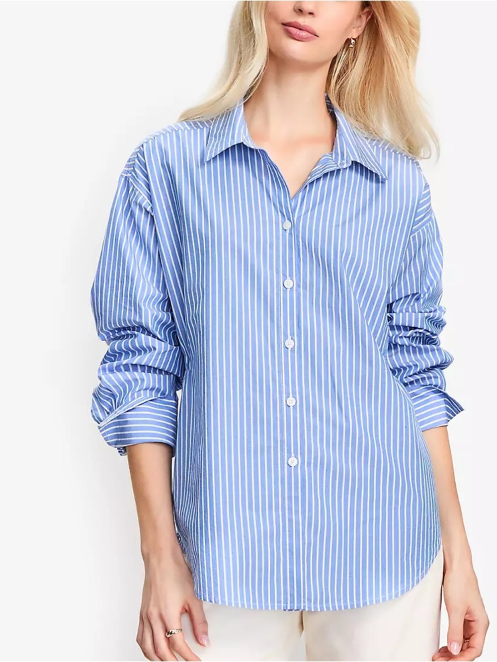 LOFT Striped Poplin Cutout Back Tunic Shirt - Picture 2 of 9